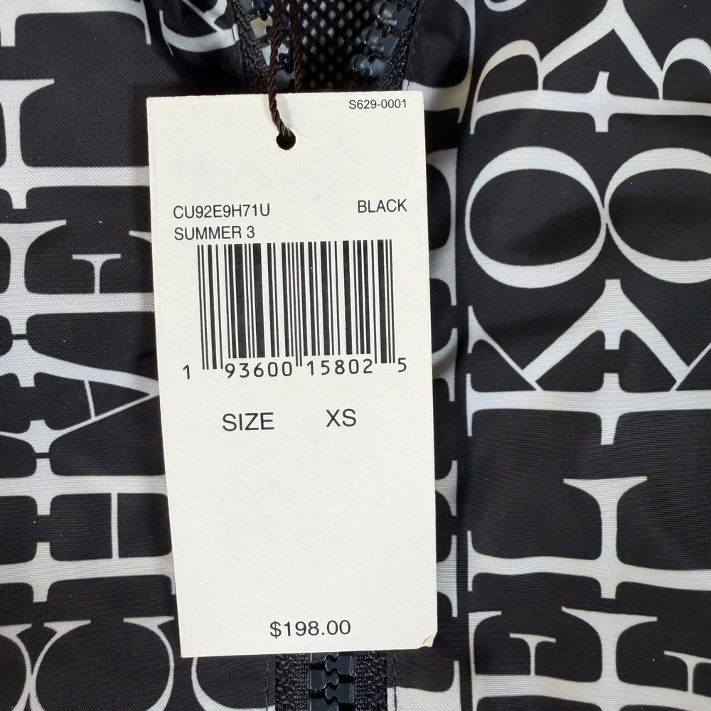 Michael Kors Womens Logo Print Hooded Windbreaker Jacket Black White XS #3866